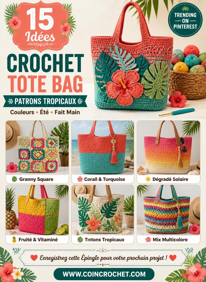15 vibrant tropical crochet tote bag pattern ideas for summer, featured in colorful grid collage